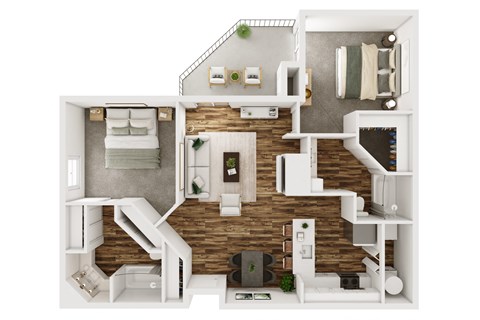 Floor plan for 2 beds, 2 baths, 1000 sqft